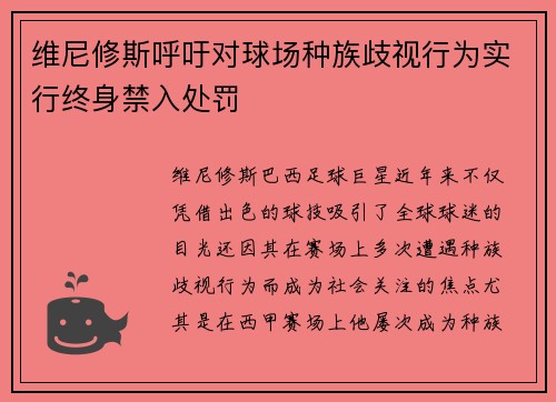 维尼修斯呼吁对球场种族歧视行为实行终身禁入处罚 维尼修斯呼吁对球场种族歧视行为实行终身禁入处罚